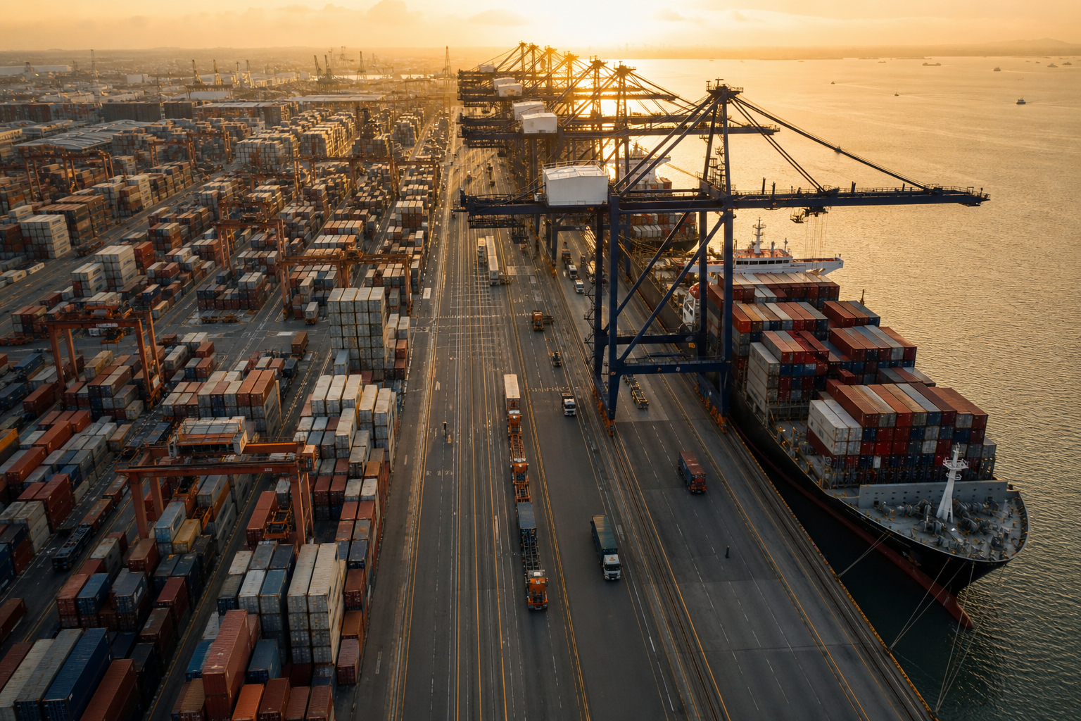Puerto comercial con grúas y contenedores listos para embarque